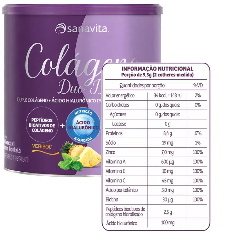 Lata roxa da marca Sanavita contendo suplemento alimentar Colágeno Duo, com informações nutricionais e ingredientes como peptídeos bioativos de colágeno e ácido hialurônico.