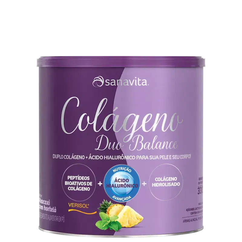 Lata roxa da marca Sanavita contendo o produto "Colágeno Duo Balance", com informações sobre os ingredientes de colágeno hidrolisado e ácido hialurônico.