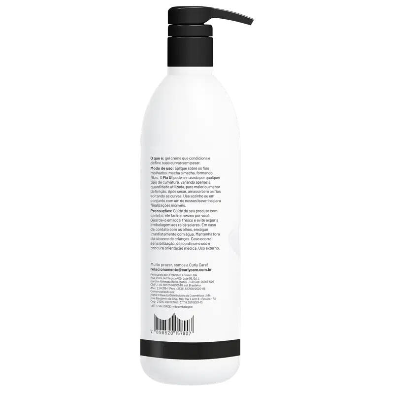 Produto de cuidado capilar em embalagem plástica branca e preta. A embalagem é um frasco cilíndrico com tampa preta. O rótulo em português descreve que é um creme gel condicionador para definir cachos e ondas.