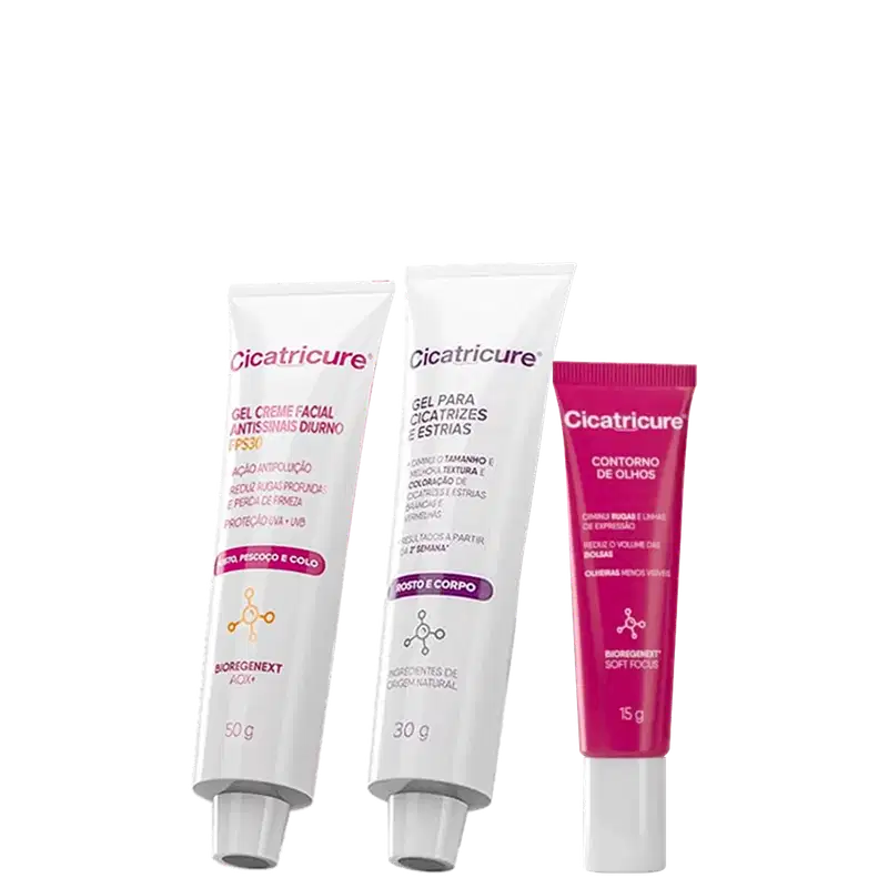 Três produtos da marca Cicatricure: um gel creme facial antissinais diurno, um gel para cicatrizes e estrias, e um contorno de olhos.