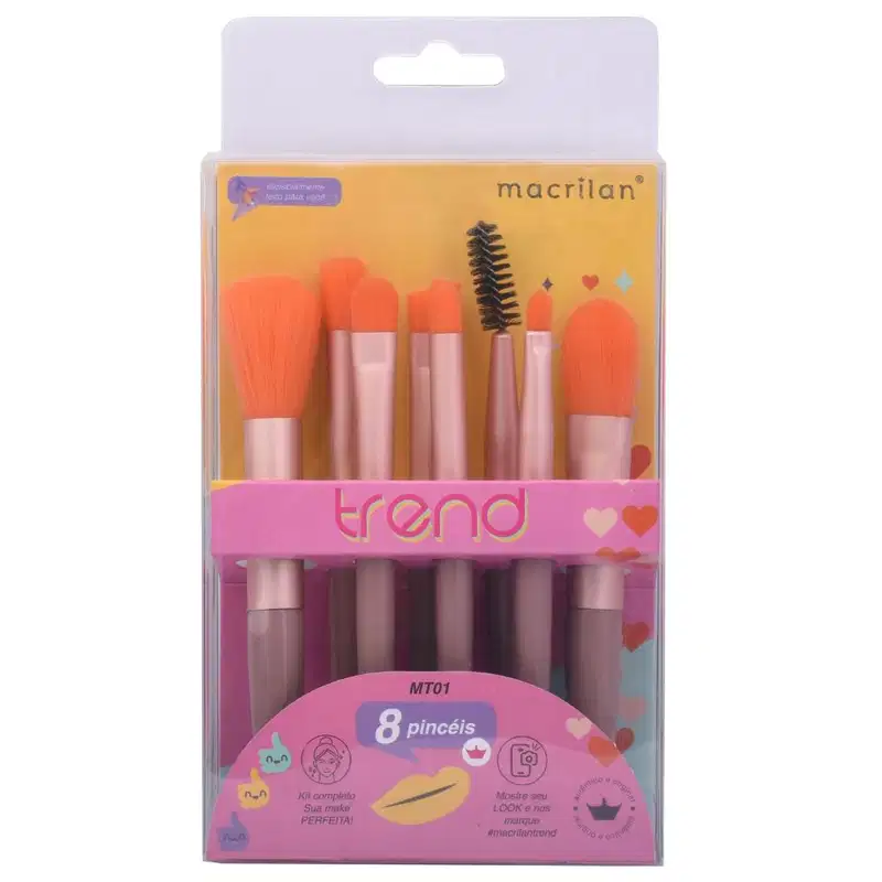 Kit com 8 Pincéis Para Maquiagem Macrilan Trend - MT01 - laranja