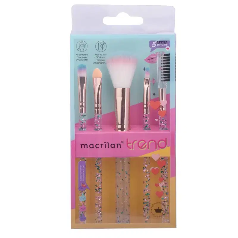Kit com 5 Pincéis Para Maquiagem Macrilan Trend - MT02 - rosa