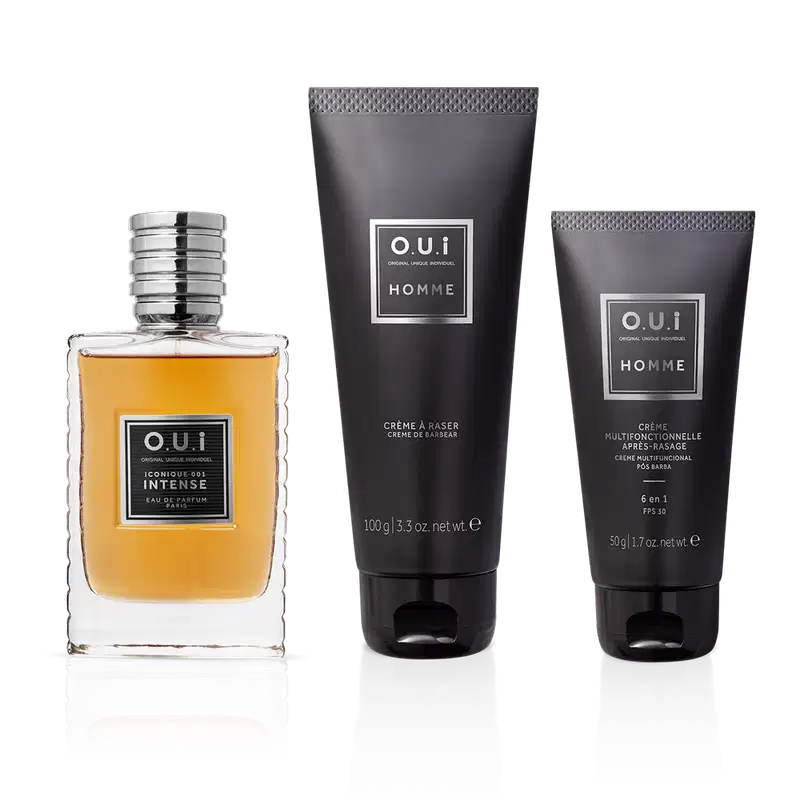 Combo Iconique 001 Intense Eau de Parfum 75 ml + Creme de Barbear Homme 100g + Creme Multifuncional Pós-Barba Homme 50g