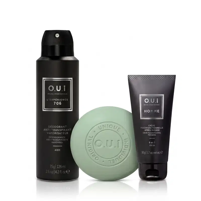 Combo O.U.i Masculino: Sabonete de Barbear Homme 90g + Desodorante Antitranspirante Aero L’Expérience 706 75g + Creme Multifuncional Pós-Barba 6 em 1 Homme 50g