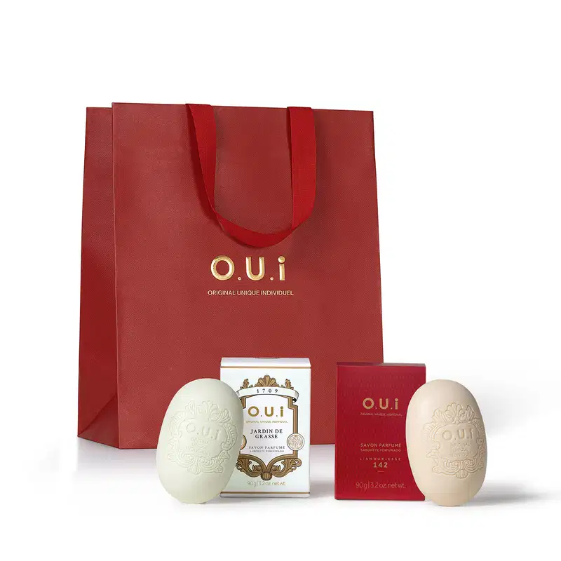 Combo O.U.I Savon Parfumé: Jardin de Grasse Rose 90g + L’Amour-Esse 142 90g + Sacola