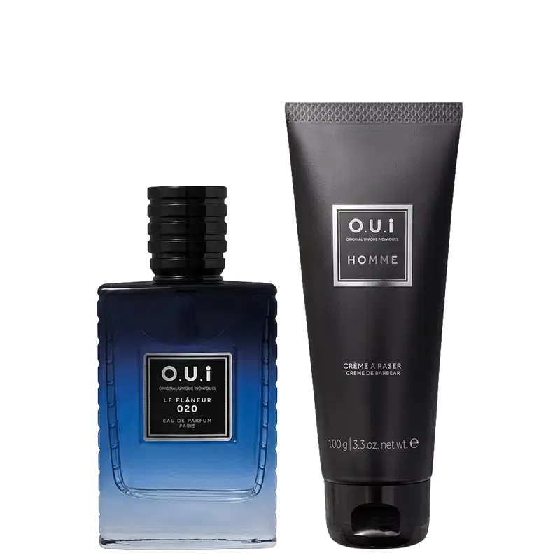 Conjunto O.U.i composto por frasco azul degradê de Eau de Parfum Le Flâneur 020 com tampa preta e tubo preto de Crème à Raser Home 100g, ambos com rótulos brancos e pretos.