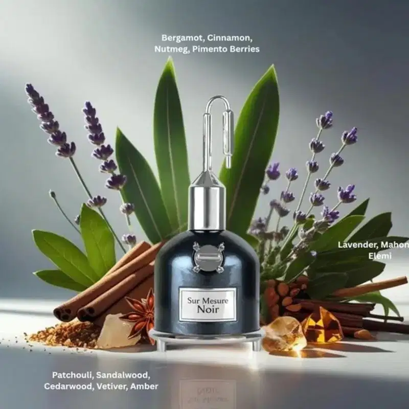 Frasco de perfume preto da marca Lattafa Perfumes, com rótulo branco indicando o nome "Sur Mesure Noir". O frasco possui um design elegante e moderno, com um bico pulverizador de metal.