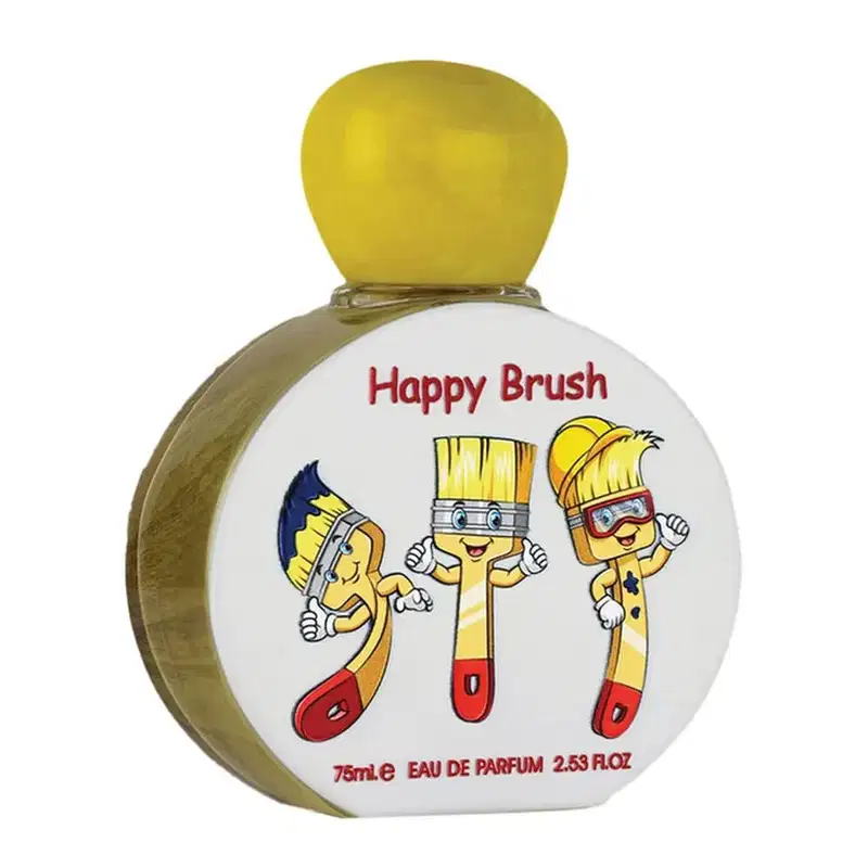 Frasco de perfume com tampa amarela, rótulo branco com ilustrações coloridas e texto "Happy Brush", contendo 75ml de eau de parfum.