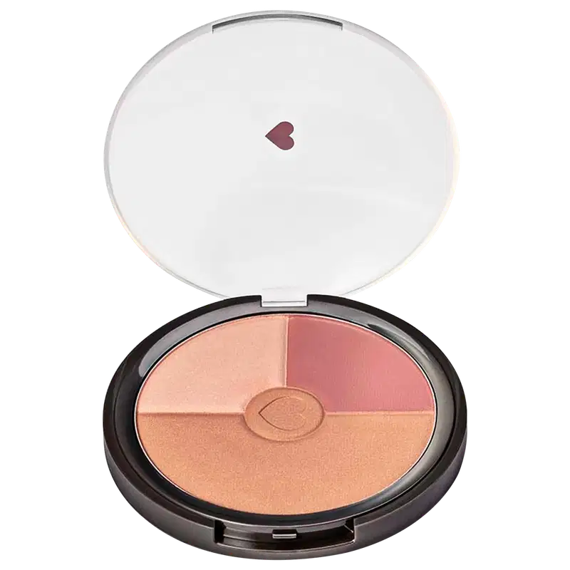 Pó compacto facial multiefeitos Quem Disse, Berenice? em estojo preto e tampa transparente com coração ilustrado, contendo cinco tonalidades em tons de rosa e bege,