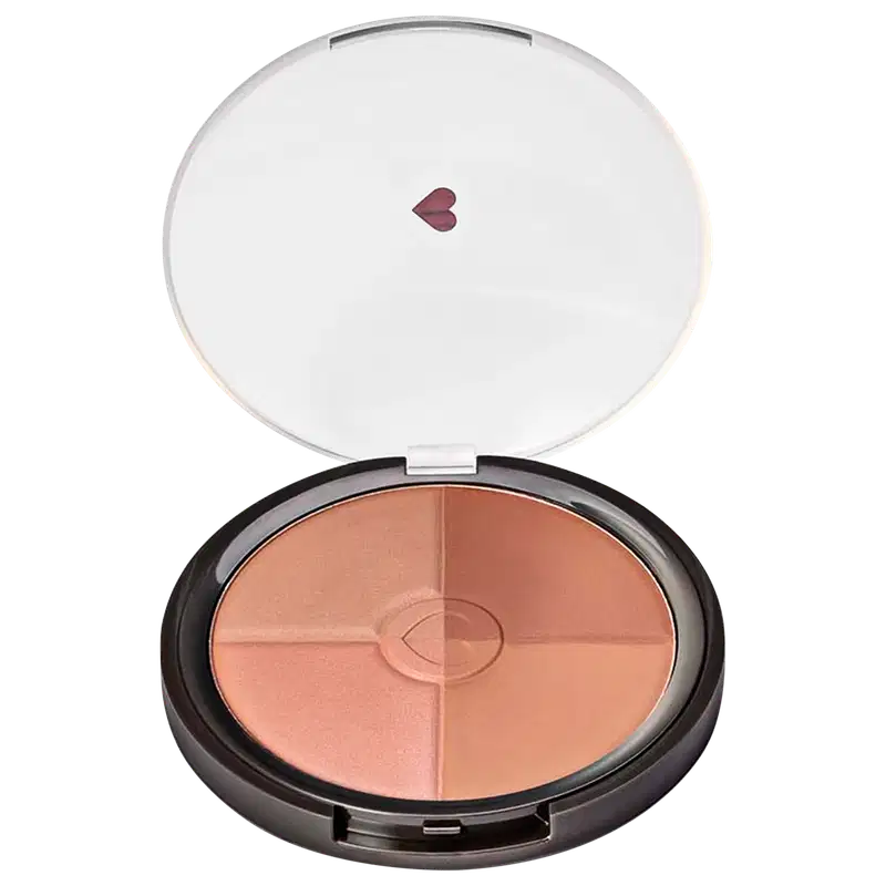 Pó compacto facial multiefeitos Bronze com quatro cores em tons rosados em estojo redondo preto com tampa transparente e coração ilustrado na tampa.