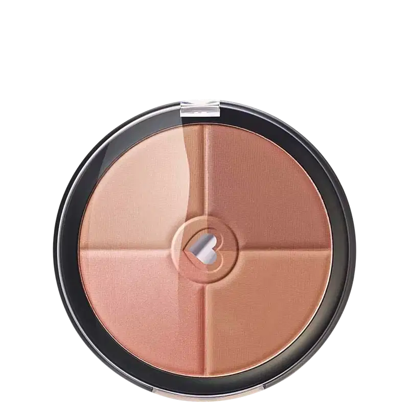 Pó compacto facial multiefeitos Bronze com quatro cores em tons rosados em estojo redondo preto com tampa transparente e coração ilustrado na tampa.
