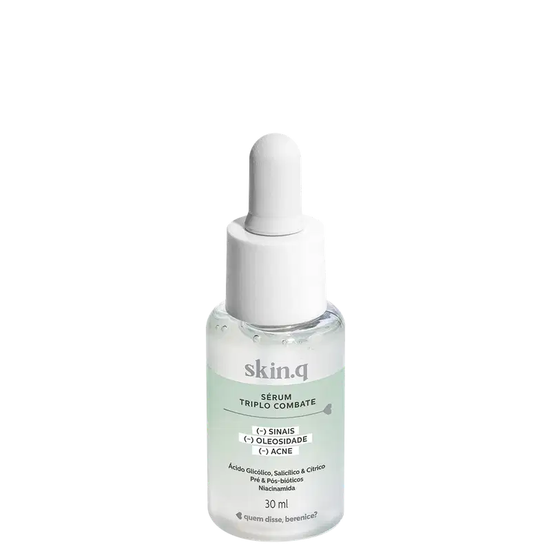 Sérum facial Triplo Combate Skin.q Quem Disse, Berenice? em frasco verde e branco com conta-gotas branco e letras pretas.