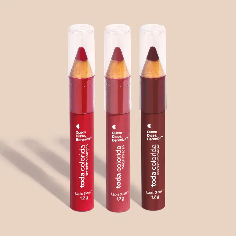 Combo Lápis Multifuncional 3 Em 1 Toda Colorida: Bege Atração 1,2g + Marrom Animação 1,2g + Vermelho Coração 1,2g