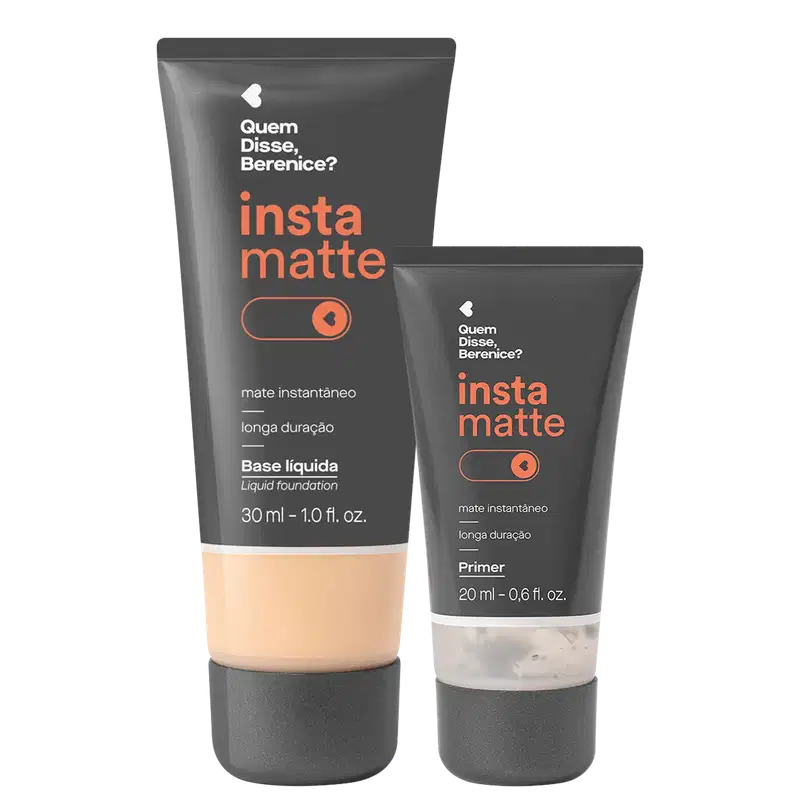 Primer e base líquida cor 110Q em bisnagas pretas com parte mostrando a tonalidade do produto, rótulo de letras brancas e rosas da marca Instamatte Quem Disse, Berenice?.
