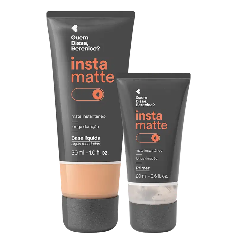 Primer e base líquida cor 185F em bisnagas pretas com parte mostrando a tonalidade do produto, rótulo de letras brancas e rosas da marca Instamatte Quem Disse, Berenice?.