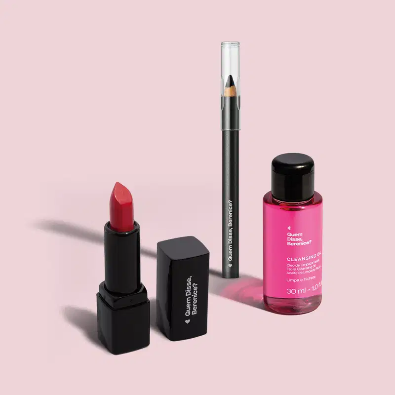 Combo Mini Make Básica: Batom Vermelho 1,6g + Lápis de Olhos Preto 600mg + Óleo de Limpeza Facial 30ml