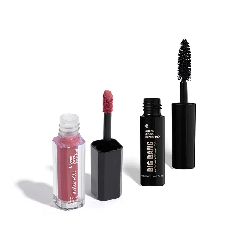 Dois produtos em miniatura da marca Quem Disse, Berenice?: frasco transparente com conteúdo rosa e tampa preta com aplicador rosa de batom líquido Instamatte e máscara de cílios preta com embalagem e aplicador pretos Big Bang.