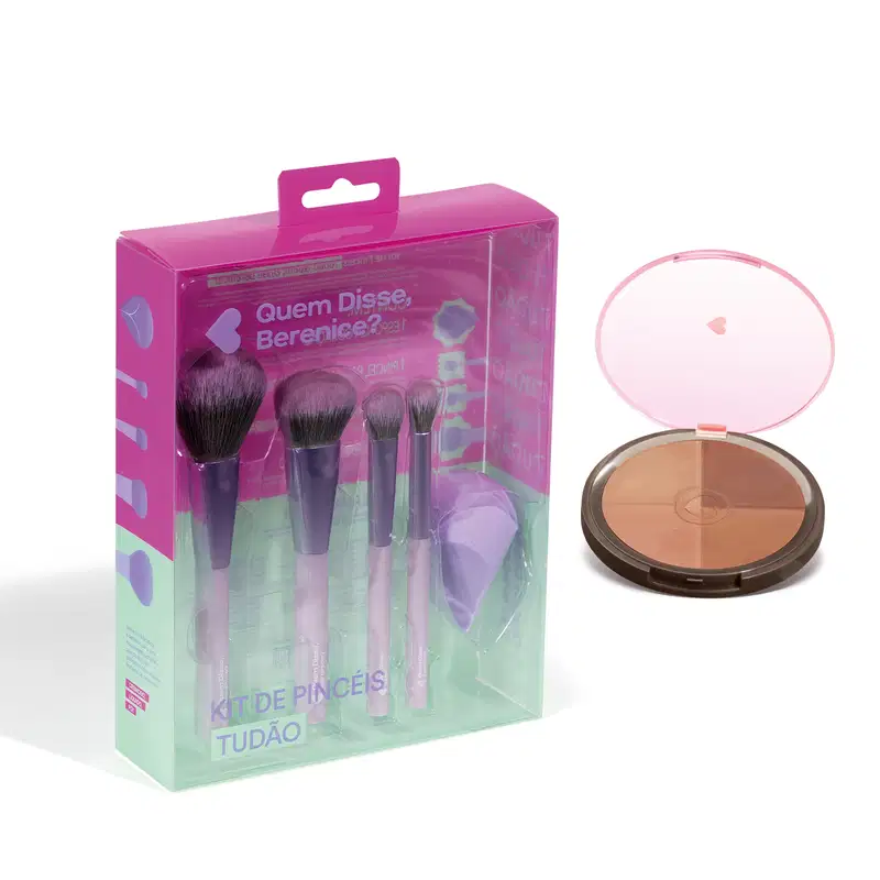 Combo Pó Compacto Facial Multiefeitos Bronze 18g + Kit de Pinceis Tudão
