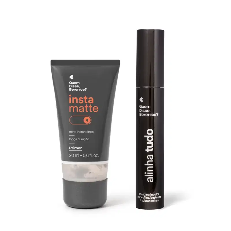 Dois itens de maquiagem da marca Quem Disse, Berenice?: um primer mate instantâneo de longa duração em tubo preto e uma máscara incolor para cílios e sobrancelhas em embalagem preta.