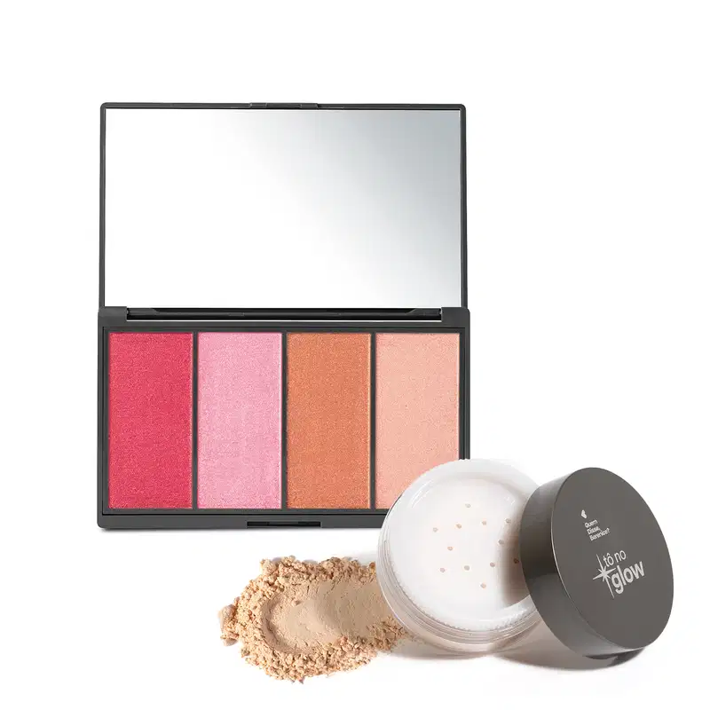 Combo contendo paleta de maquiagem multifuncional em embalagem preta retangular com quatro produtos em pó compacto em tons de rosa, laranja e pêssego e espelho na tampa. Acompanha embalagem redonda de pó solto bege e logotipo Tô no Glow na tampa.