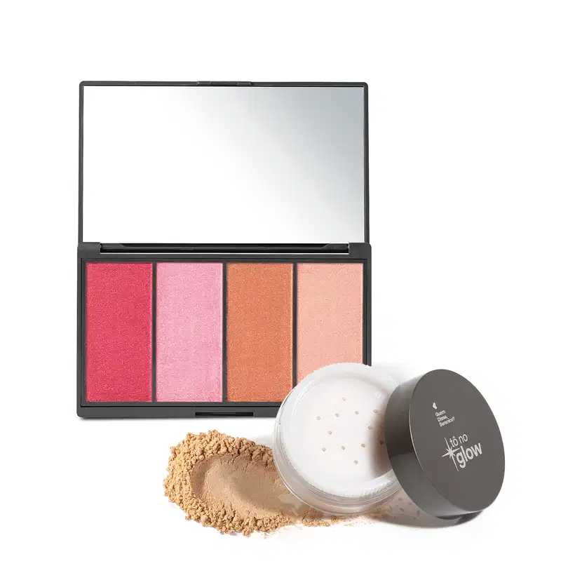 Combo contendo paleta de maquiagem multifuncional em embalagem preta retangular com quatro produtos em pó compacto em tons de rosa, laranja e pêssego e espelho na tampa. Acompanha embalagem redonda de pó solto bege e logotipo Tô no Glow na tampa.