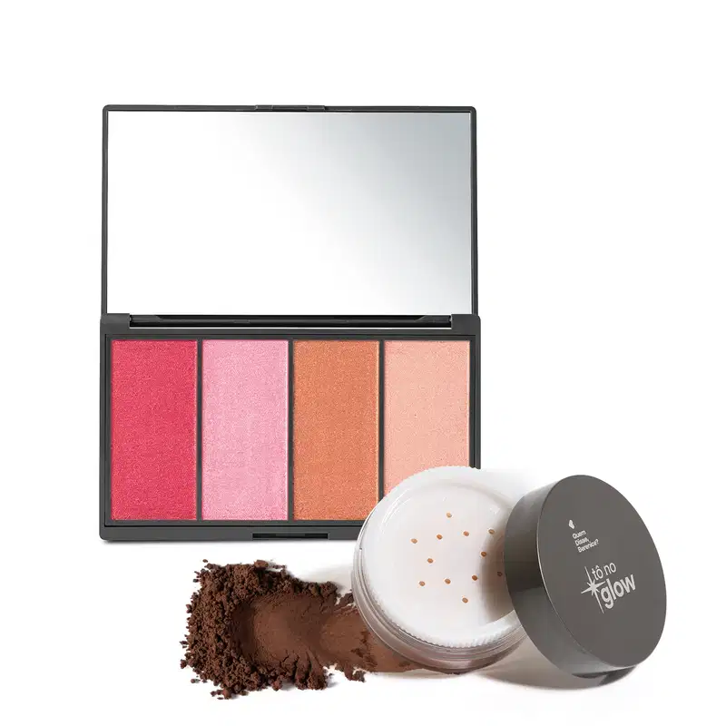 Combo contendo paleta de maquiagem multifuncional em embalagem preta retangular com quatro produtos em pó compacto em tons de rosa, laranja e pêssego e espelho na tampa. Acompanha embalagem redonda de pó solto escuro com logotipo Tô no Glow na tampa.