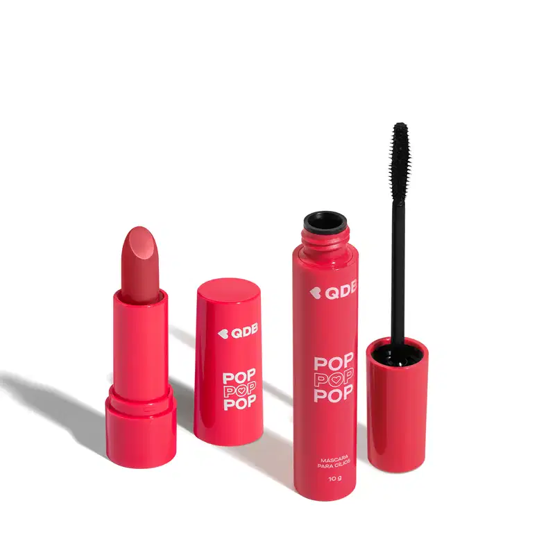 Imagem de dois produtos da marca POP Quem Disse, Berenice? contendo um batom cremoso em embalagem rosa na cor Rosa Radiante e uma máscara de cílios em tubo rosa com aplicador preto.  O fundo da imagem é branco com sombreado.