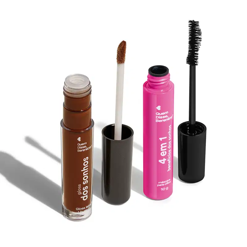 Produtos de maquiagem da marca Quem Disse, Berenice? incluindo um gloss labial marrom em frasco, uma máscara de cílios rosa em tubo e um rímel preto em embalagem preta.