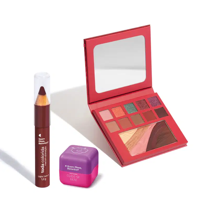 Paleta de sombras vermelha com espelho, lápis de boca vermelho e embalagem roxa da marca Quem Disse, Berenice?. O conjunto apresenta uma variedade de tons quentes e brilhantes.