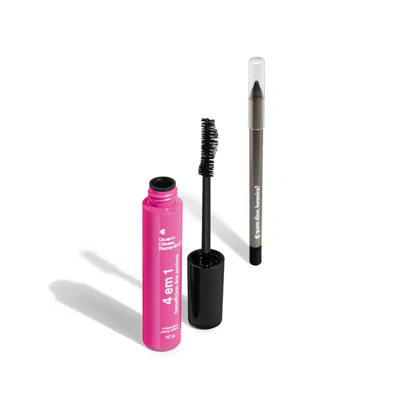 Embalagem rosa com rótulo "Quem Disse, Berenice?" contendo um rímel preto com escova, e um lápis de olho preto com ponta fina, ambos produtos da marca Quem Disse, Berenice?.