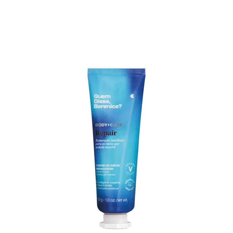 Bisnaga azul com letras brancas e pretas contendo 30g de creme reparador para as mãos da marca Repair Quem Disse, Berenice?.