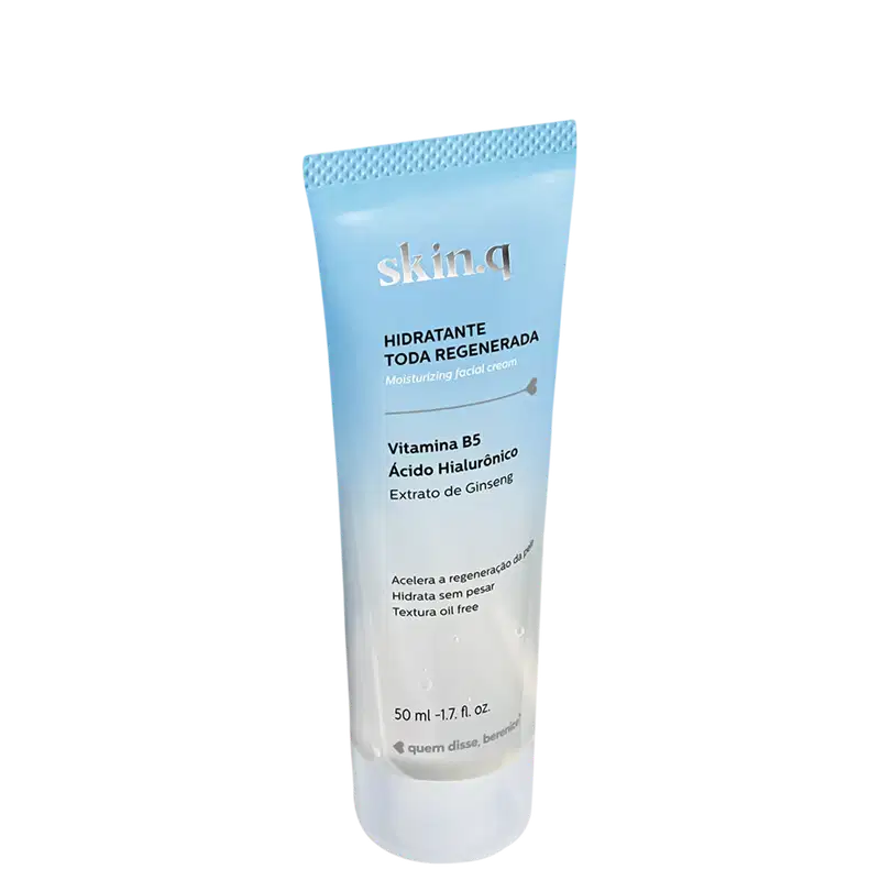 Bisnaga azul com tampa branca e letras prateadas e pretas contendo 50ml de creme hidratante facial Skin.q Toda Regenerada da marca Quem Disse, Berenice?.