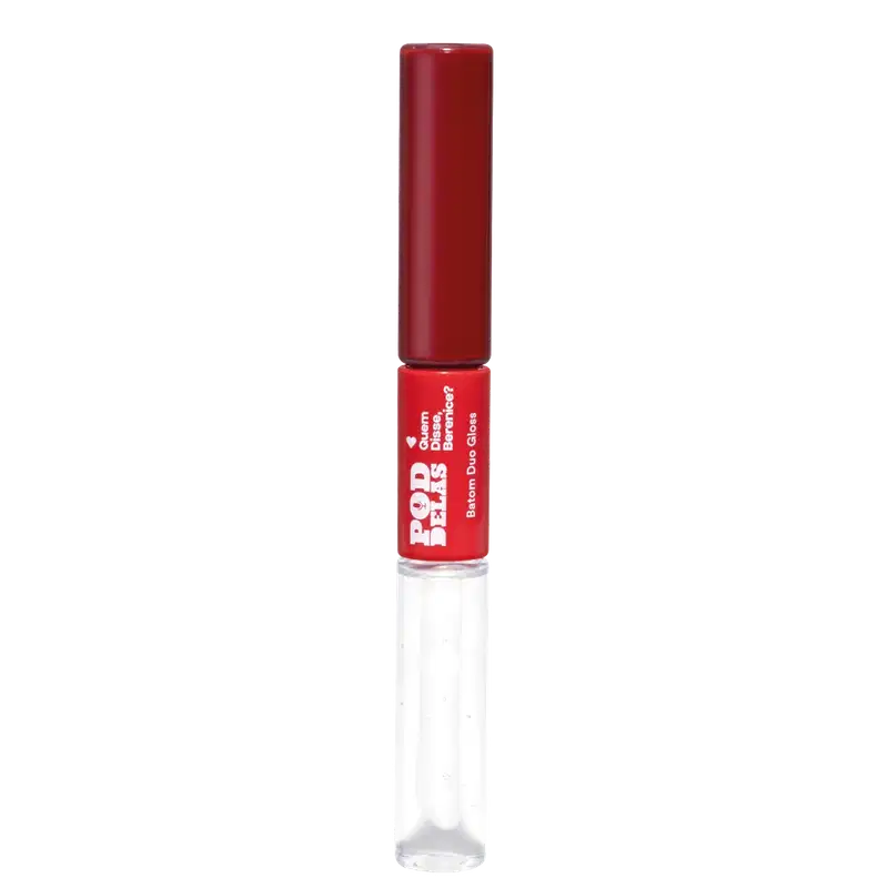 Batom duo gloss Pod Delas Vermelho se Inscreve da marca Quem Disse, Berenice? em embalagem com parte transparente e parte vermelha e com letras brancas no rótulo também vermelho.
