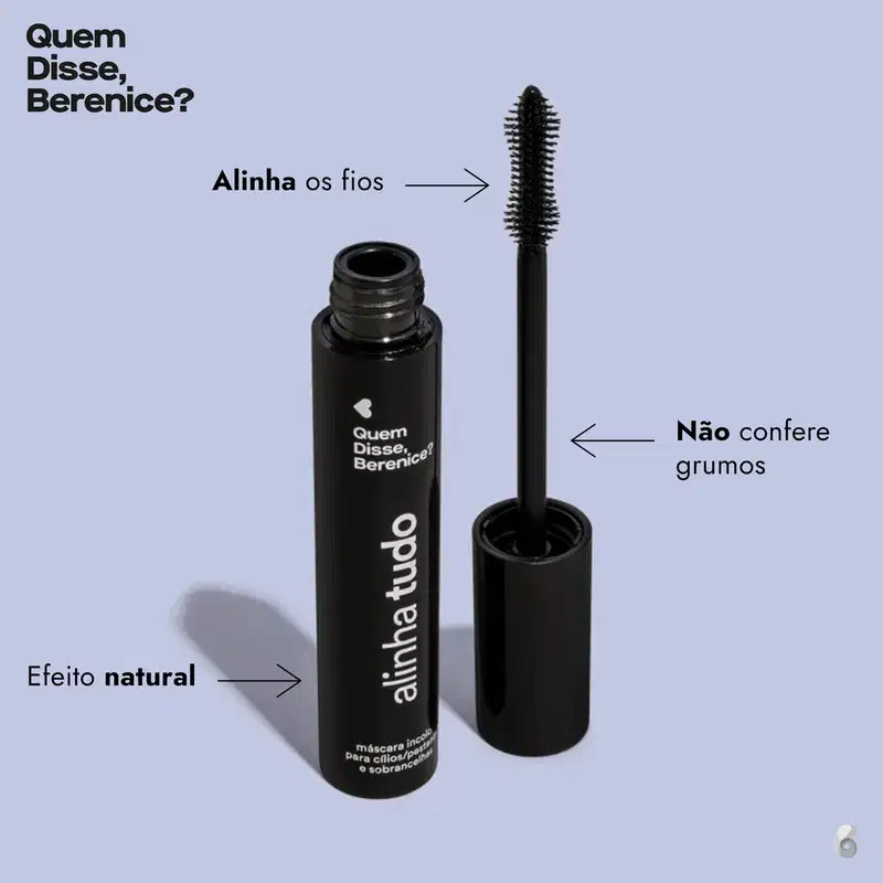 Máscara para cílios e sobrancelhas Alinha Tudo Incolor da marca Quem Disse, Berenice? em tubo, tampa, haste e escova aplicadora pretos e letras brancas no rótulo. O produto está em fundo azul com letras pretas informando os benefícios do produto.