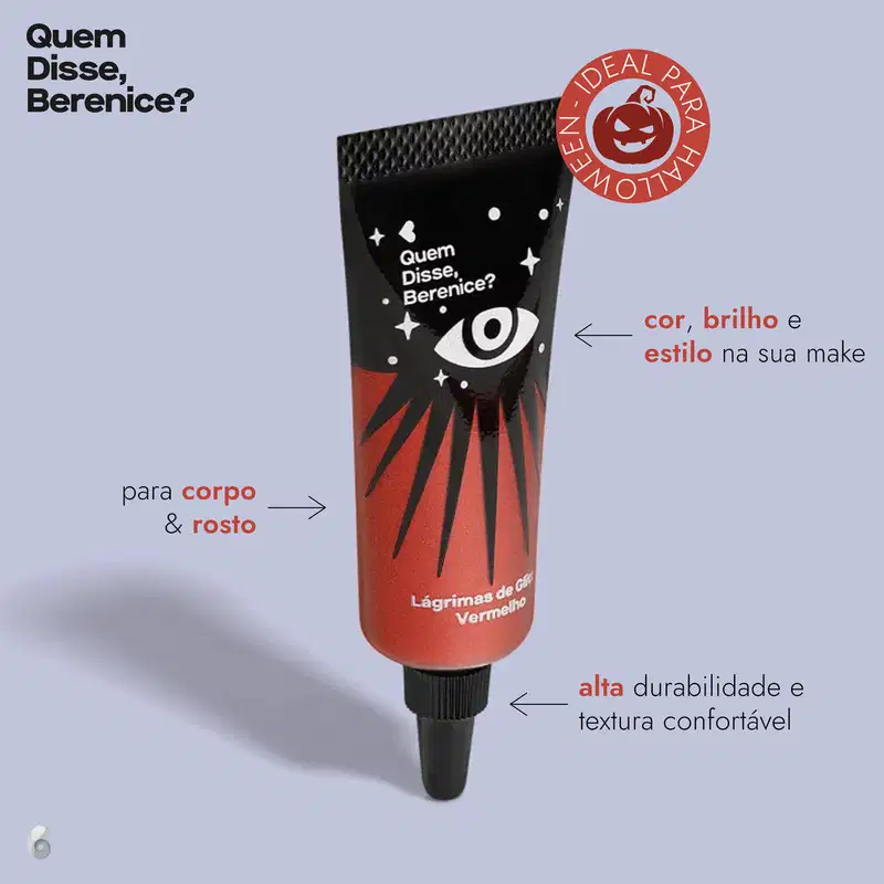Imagem de uma bisnaga preta do Lágrimas de Glitter Vermelho. Traz as informações: "ideal para o Halloween", "cor, brilho e estilo na sua make", "para corpo e rosto" e "alta durabilidade e textura confortável" e o fundo é azul.