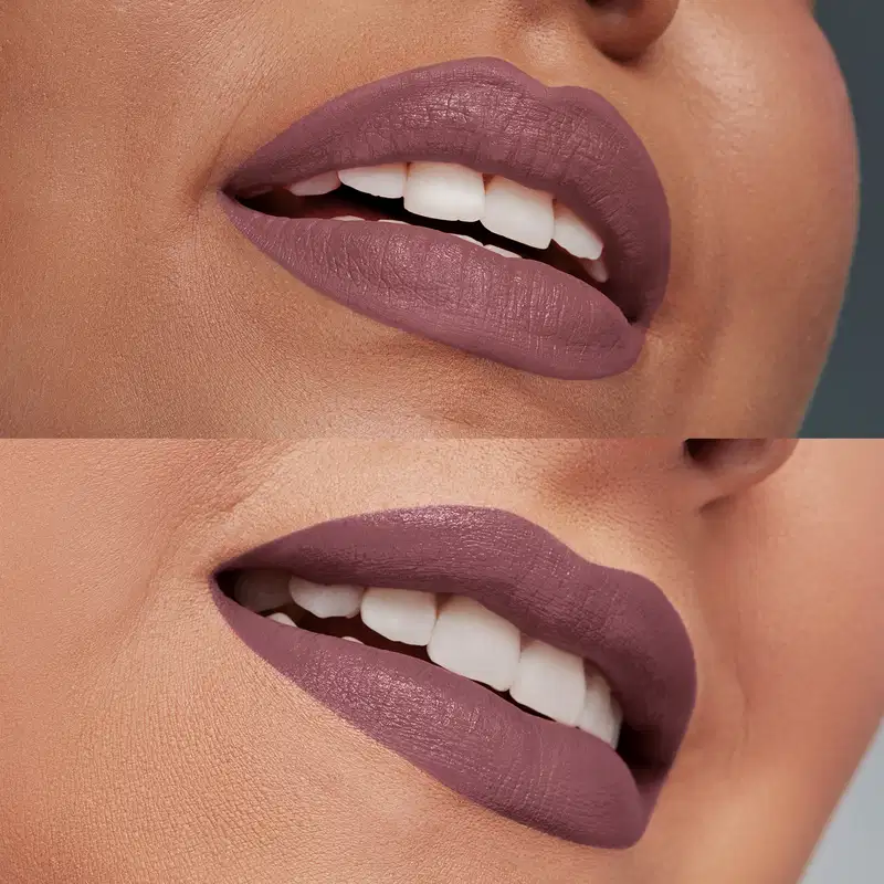 Imagem dividida horizontalmente mostrando o rosto de duas mulheres de cores de peles diferentes, evidenciando os lábios que usam o batom semi matte  Volumão Vinho Castanhelê Quem Disse, Berenice?.