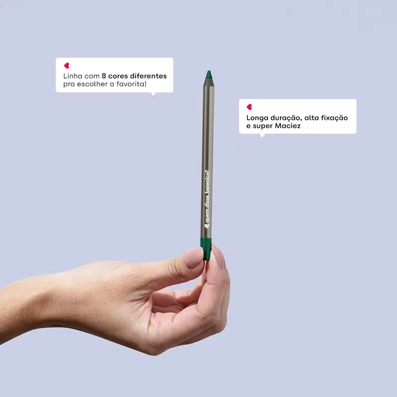 Imagem de um lápis de olho verde com texto informando sobre a linha de produtos com 8 cores diferentes e destacando características como longa duração, alta fixação e maciez.