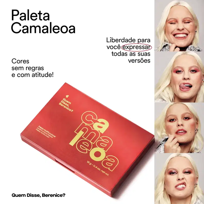 Gif mostrando a paleta de maquiagem multifuncional em estojo vermelho com espelho na tampa e 15 cores em tons quentes aberto e fechado com letras pretas ao redor indicando os benefícios do produto.