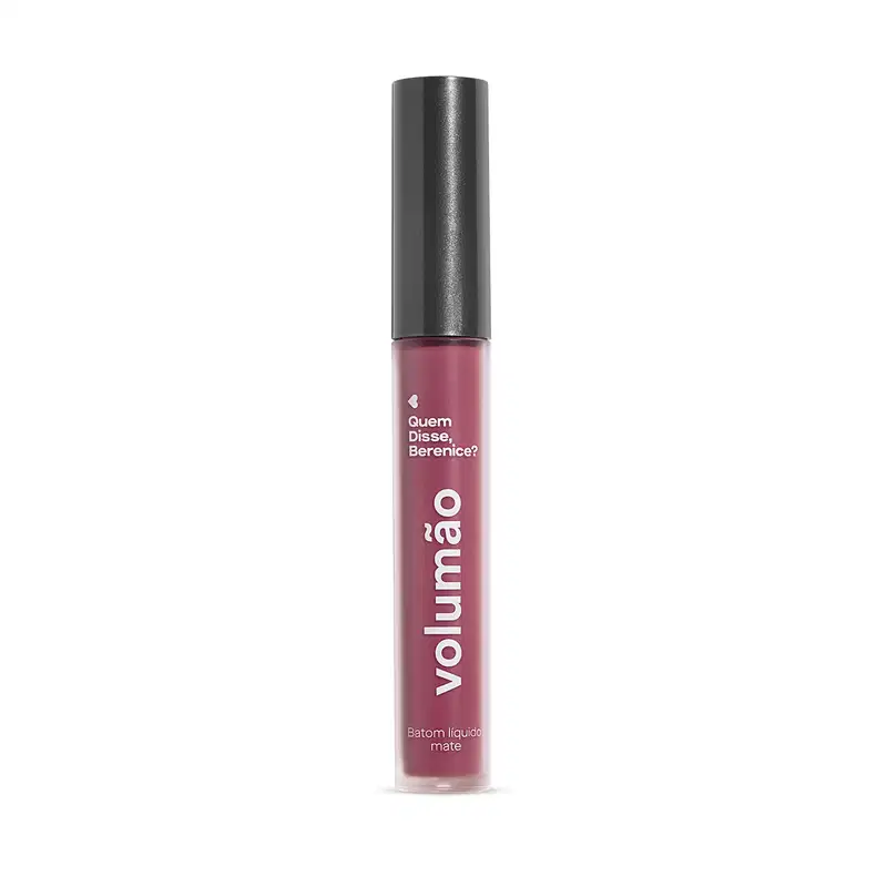Frasco transparente com líquido roxo, tampa preta e letras brancas contendo 4ml de batom líquido Volumão Roxo Ameixali Quem Disse, Berenice?.