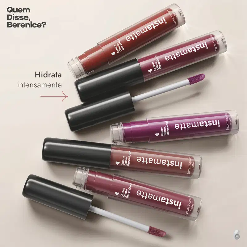 Embalagens de batons líquidos Volumão da marca Quem Disse, Berenice? em diversas cores em fundo cinza, com letras pretas indicando os benefícios do produto.