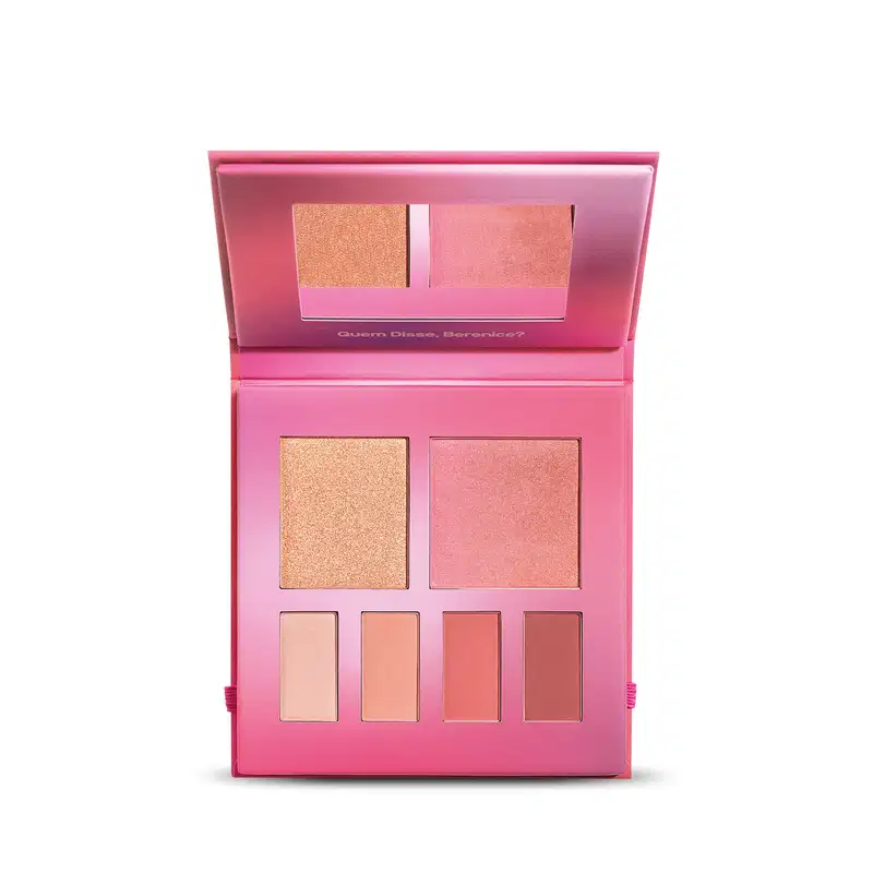 A paleta contém seis sombras, sendo duas de tom dourado e quatro em tons de rosa e nude. A embalagem possui um design minimalista com o nome da marca destacado.