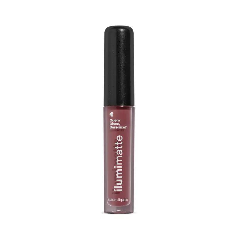 Frasco de 4ml contendo batom líquido rosa Roselumi Ilumimatte da marca Quem Disse, Berenice? em embalagem transparente mostrando o produto na cor rosa, tampa preta e letras brancas.
