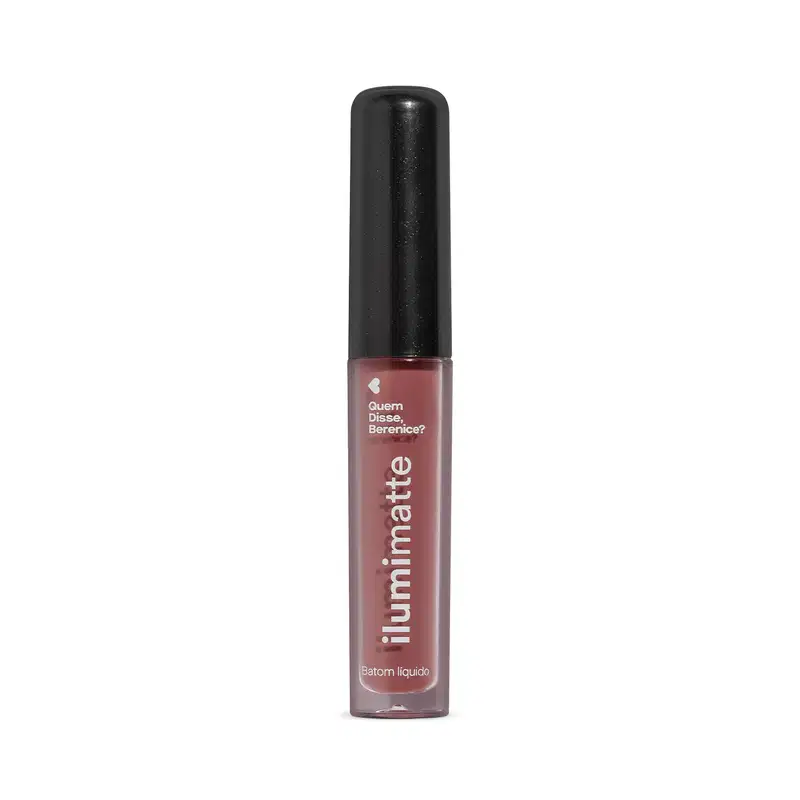 Frasco de 4ml contendo batom líquido nude Begelumi Ilumimatte da marca Quem Disse, Berenice? em embalagem transparente mostrando o produto na cor bege, tampa preta e letras brancas.