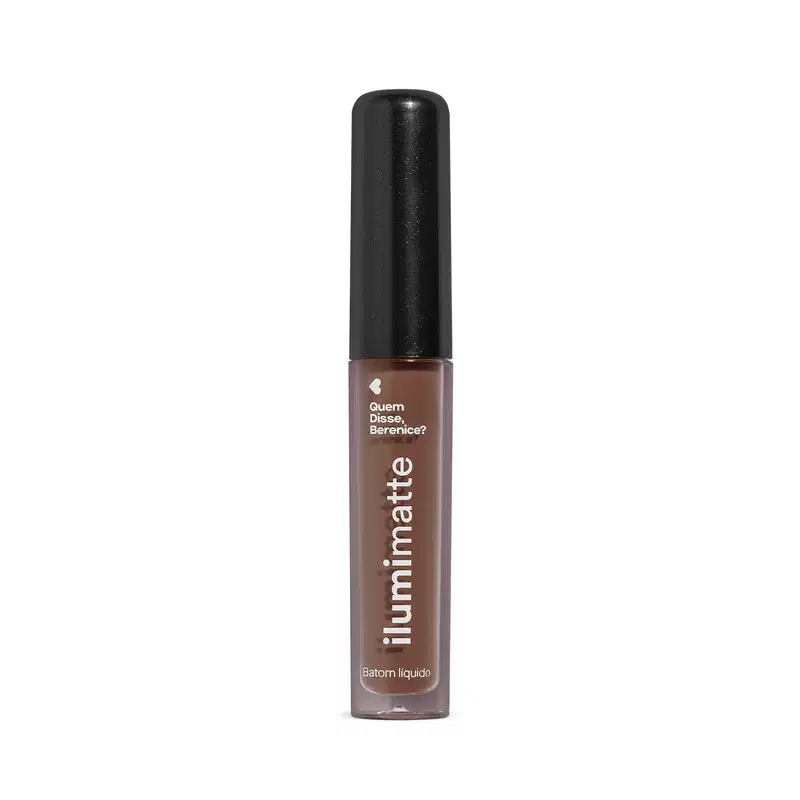 Frasco de 4ml contendo batom líquido marrom Marronlumi Ilumimatte da marca Quem Disse, Berenice? em embalagem transparente mostrando o produto na cor marrom, tampa preta e letras brancas.