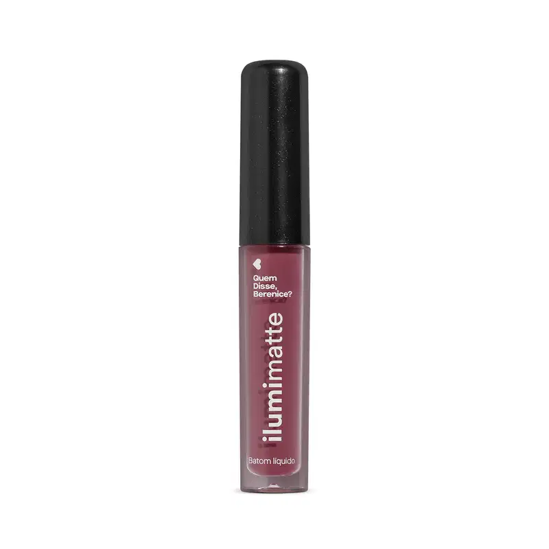 Frasco de 4ml contendo batom líquido Malva Malvalumi Ilumimatte da marca Quem Disse, Berenice? em embalagem transparente mostrando o produto na cor rosa escuro, tampa preta e letras brancas.