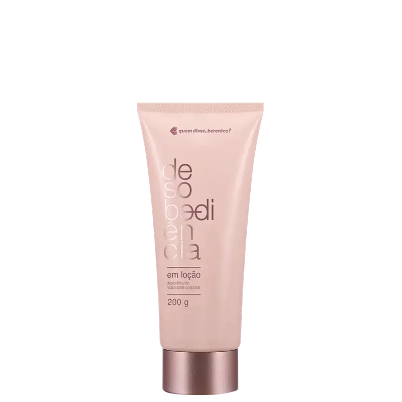 Bisnaga rosa claro com tampa e letras rose gold contendo 200g de loção hidratante corporal Desobediência Quem Disse, Berenice?.