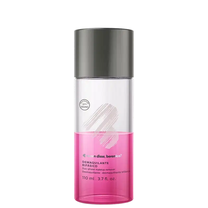 O frasco é cilíndrico, com uma tampa superior cinza e o corpo transparente, metade rosa. O rótulo exibe o nome da marca e do produto, bem como informações sobre o volume do produto, que é de 110 ml.