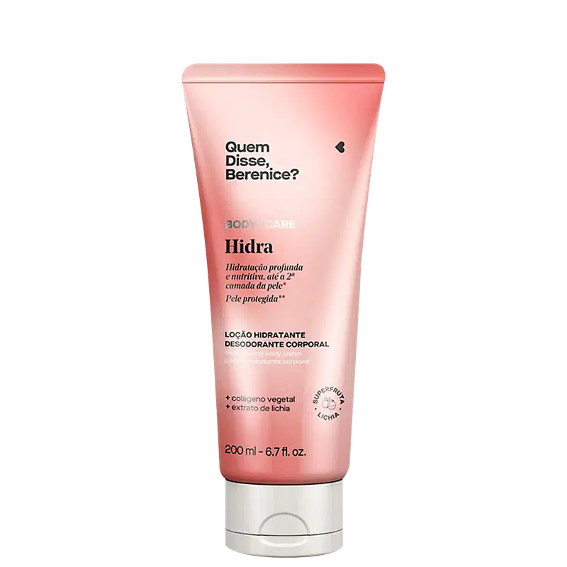 Bisnaga rosa com tampa branca e letras pretas contendo 200ml de loção hidratante desodorante corporal Body+Care Hidra Quem Disse, Berenice?.

