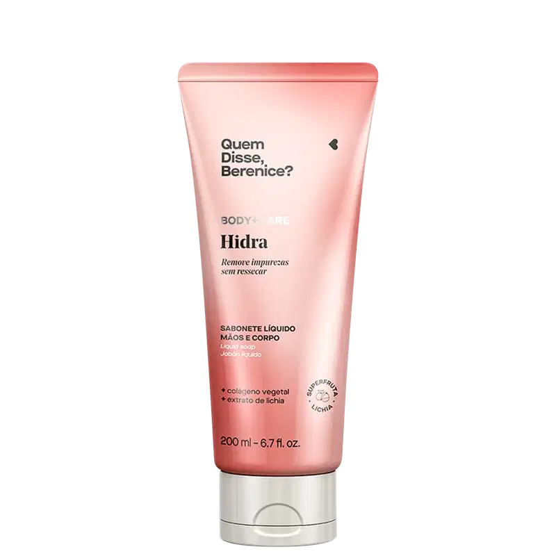 Bisnaga rosa com tampa branca e letras pretas contendo 200ml de sabonete líquido mãos e corpo Body+Care Hidra Quem Disse, Berenice?.