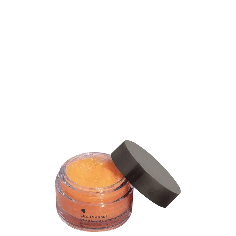 Pote de esfoliante labial mutritivo Lip, Please! Quem Disse, Berenice? com tampa preta, rótulo laranja e letras pretas.